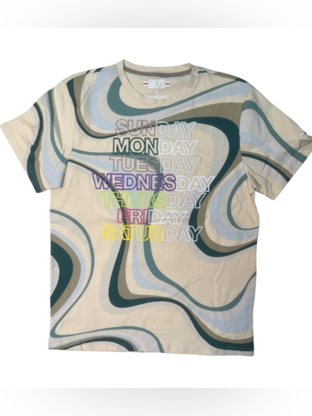 Sz med Bkys Men's Swirl Graphic Tee - Cream with Green & Blue days of week tee